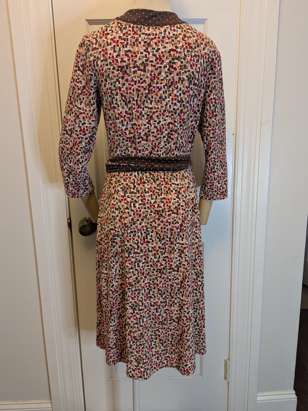BCBGMaxAzria Multicolor Geometric Wrap Dress with Brown Polka Trim - Picture 2 of 8